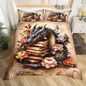 Manfei Black Dragon Duvet Cover King Size,Vintage Animals Magic Books Super Soft Bedding Set for All Season Bedroom,Rustic Flowers Botanical Plants Comforter Cover Bedding 3 Piece (No Comforter)
