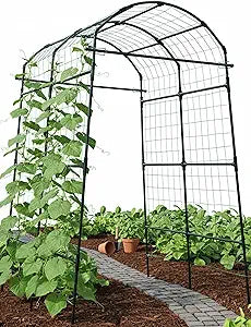 Garden Trellis Arch 7FT PP-Coated Stainless Steel Metal Extra Tall Cucumber Trellis Arch Garden Arch Trellis for Climbing Plants Outdoor Vegetable Trellis with Trellis Netting