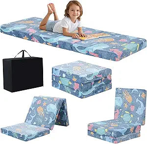 MeMoreCool Foldable Floor Mattress for Kids, Glow Trifold Mat, Kids Folding Mattress Portable Futon, 57x22 Inch Blue