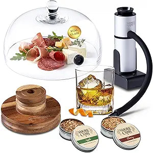 Smoky Crafts Food & Whiskey Smoker Kit with Updated Smoke Gun, 8" Glass Dome, Acacia Wood Top and Apple & Cherry Wood Chips - Old Fashioned Drink Smoker Kit