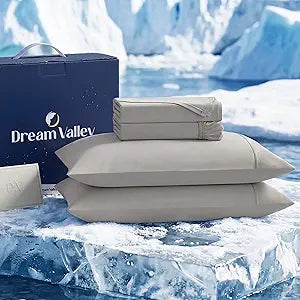 Dream Valley Cooling Sheets Twin Size, Cooling Fitted Breathable Bed Sheets & Flat Sheet with 1 Pillowcase-3 PCS for Night Sweats & Hot Sleepers, Q-Max >0.45 Aerocool, Deep Pocket 16", Quiet Gray