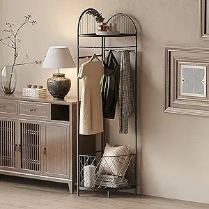 HKaikzo Corner Hall Tree, Coat Rack with 6 Metal Movable Hooks and Storage Basket Coat Rack Design Clothing Rack for Bedroom Entryway Hallway