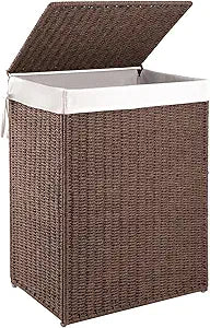 OIAHOMY Laundry Hamper with Lid, 90L(23.8 Gal) Large Wicker Laundry Basket for Bedroom, Handwoven Paper Rope Clothes Hamper with Washable Liner & Metal Frame, Decorative Organizer for Bathroom Brown