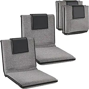 2 Pcs Adjustable Floor Chair with Back Support, Padded Seat, Portable, Meditation Cushion, Fully Folding Backrest for Adult, Kid, Gaming - Linen Washable Cover, Nylon Bottom (Gray, Black)