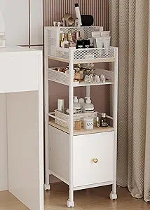 Floor Makeup Organizer Cart, Narrow Floor Skincare Organizers and Storage with Drawers, Bathroom Vanity Organizer Cosmetics Display Cases Holder for Skin Care Nail Polish Perfume Makeup Brush (White)