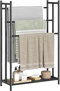 HOOBRO Free Standing Towel Rack for Bathroom, 25.2" L x 11.4" W x 39.4" H, 3-Tier Blanket Rack Stand with Bottom Mesh, Freestanding Quilt Stand with Adjustable Feet, Industrial Style, Black BK09LB01