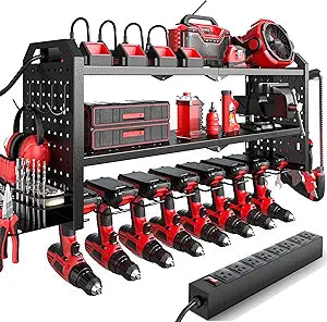 Power Tool Organizer with Charging Station Wall Mount, Built in 8 Outlet Surge Protection Power Strip, Drill Holder Wall Mount, Heavy Duty Metal Power Tool Storage Rack for Garage Organization Black