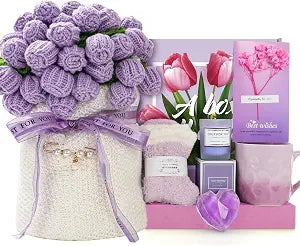 Handmade Knitted Crochet Flower Bouquet Blanket Gifts Basket for Women, Birthday Gifts for Women, Mothers Day, Anniversary, Wedding, Romantic Unique Gifts for Wife Girlfriend Sister Friends Grandma