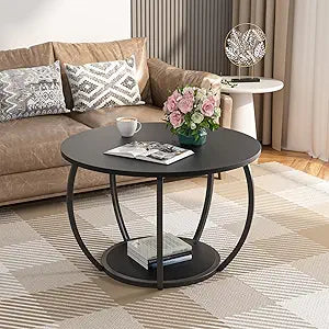 GreenForest Round Coffee Table with 2-Tier Open Storage, 27.6 inch Small Circle Coffee Tables with Adjustable Feet, Modern Mini Center Table for Small Living Room, Black