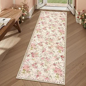 Lahome Floral Runners for Hallways Non Slip, 2x6 Washable Kitchen Runner Rug, Soft Boho Throw Carpet for Girls Bedside Bedroom Laundry Bathroom Nina Beige/Pink/Multi