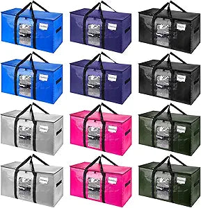 12 Pack Extra Large Moving Bags,Christmas Decoration Storage Bins,37Gallon Heavy Duty Storage Totes with Visible Window & Tag Pocket,Moving Boxes Alternative,Packing Bags For Dorm Closet RV(Blue)