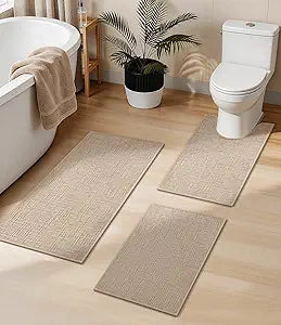 YIHOUSE Bathroom Rugs Sets 3 Piece Beige, Non Slip Bath Mats Sets of 3 Quick Dry, Absorbent Washable Thin Bathroom Rugs Fit Under Door for Elder, Sink, Laundry(16x24+16x24U+16x32in)