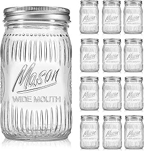 12 Pack 32 oz Wide Mouth Mason Jars - Heavy Duty Glass Storage Jars with Airtight & Leak Proof Lids for Pickling, Canning, Food Storage, Flour, Sugar, Pasta, Oats & DIY Projects (12pack 32oz)
