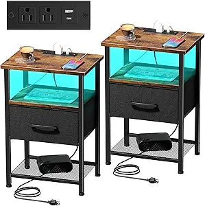 LAKEMID Nightstands Set of 2 with Charging Station and Drawer, End Table Bedside Table with 20 Colors LED Light Strip and 2 Layers Shelf for Bedroom Living Room (Rustic Brown)