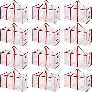 Aliceset 12-Pack Clear Moving Bags 90.84L Heavy Duty Extra Large Storage Totes with Reinforced Handles & Zippers, for Moving, College Dorm, Traveling(Red)