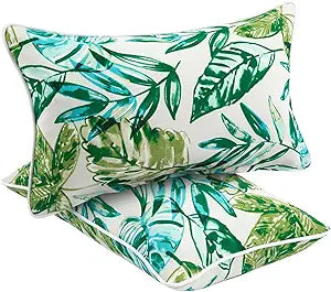 Water Resistant Outdoor Lumbar Pillows for Patio Furniture,12x20 Inch Decorative Pillows Set of 2 with Insert,Hidden Zipper Headrests for Sofa Couch Chair(Palm Leaf)