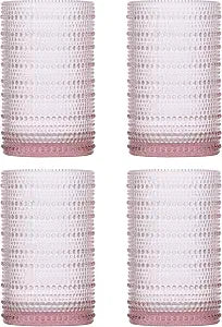 Fortessa Jupiter Beaded Hobnail Glass, 13 Ounce Iced Beverage (Set of 4), Pink