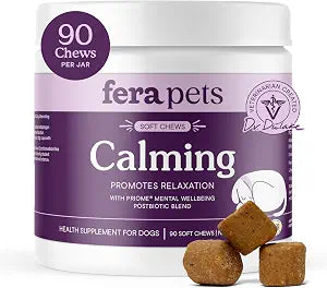 Fera Pets Dog Calming Chews - Helps Manage Everyday Stress & Separation - Promotes Relaxation - Ashwagandha & Priome Mental Wellbeing Postbiotic Blend - 90 Soft Chews