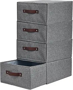 4PCS Closet Drawer Organizer Stackable Fabric Storage Boxes Bins Baskets with Lid PU Leather Handles Foldable Washable Cotton Linen Wardrobe Shelf Cloth Towels Container (Gray, Large)