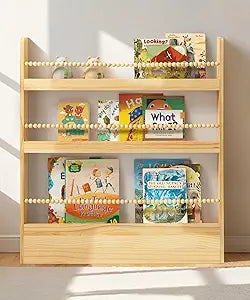 Maxpeuvon 31.5 Inch Kids Bookshelf, Natural Wood Kid Book Shelf Wall Mount Organizer Shelves Hanging Children Bookcase Reading Nook Boho Decor for Kids Room Playroom Living Room Bedroom, 3 Tiers