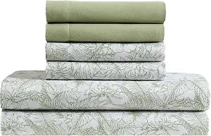 Caribbean Joe 6-Piece Sheet Set with Cooling Pillowcases, 12-inch Deep Pockets, Tropical Beach Coastal Design, King, Tropical Toile Green