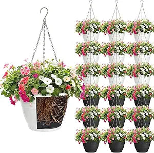 20 Pcs 10 Inch Plastic Self Watering Hanging Planters Bulk Hanging Baskets for Plants Indoor Outdoor with Drainage Holes and Chain Plant Pot for Garden, Balcony, Porch, Patio Decor