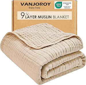 VANJOROY 100% Cotton Throw Blanket 50" x 70"- 9-Layer Muslin Blanket for Adults Organic Breathable Lightweight, Soft Gauze Large Summer Blanket for Couch Bed - Linen Beige