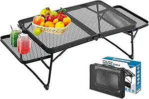 Small Low Camping Table with 2 Wing Panels, Folding Low Picnic & Outdoor Table with 2 Shelves, Lightweight & Easy Carry for Beach, Fishing, Sturdy Steel Mesh Top (3 FT, Black)