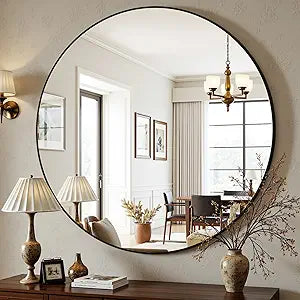 Antok 30 Inch Round Mirror for Wall, Round Bathroom Mirror, Circle Wall Mirrors with Black Metal Frame, Circle Mirrors Suitable for Wall, Bathroom, Vanity, Living Room, Entryway