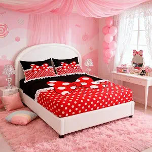 Homewish Bowknot Fitted Sheet Queen Size,White Dots Bedding Set 3pcs for Kids Teens Girls Boys Room Decor,Romantic Princess Style Bed Cover Red and Black Bed Sheet Set with 2 Pillowcases