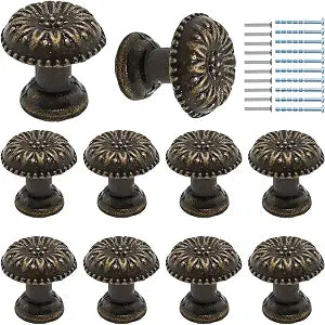10PCS 0.6" x 0.5" Mini Bronze Knobs, Vintage Flower Pattern Drawer Pulls with Screws, Decorative Round Cabinet Handles for Jewelry Box, Wardrobe, Cupboard