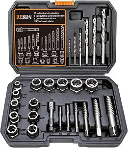 REBRA Screw Extractor and Left-Hand Drill Bit Set, Easy Out Broken Bolt Remover Reverse Cobalt HSS Steel Drill Kit, Ez Out Stripped, Rounded-Off, Damaged Bolts, Screws&Studs Removal Tool (26-Pieces)