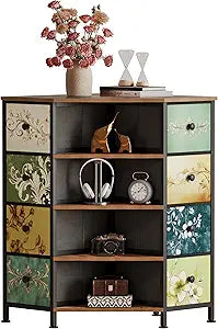 LUMTOK 8 Drawers Corner Dresser with Storage Fabric Drawers and Open Shelves for Small SpaceBedroomEntrywayLiving Room (Retro Pattern)