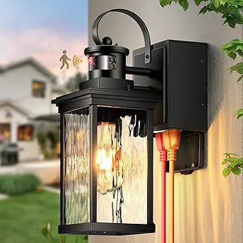 Outdoor Porch Light with GFCI Outlet, Black Motion Sensor Exterior Lighting Fixtures Wall Mount for House with Water Ripple Glass, Anti-Rust Waterproof Outdoor Wall Sconce Lantern for Garage
