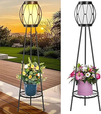 Solar Powered Tripod Floor Lamp with Plant Stand - 36in Outdoor Patio Garden Yard Deck Porch Lighting Decor, Waterproof Solar Light for Backyard Balcony Pathway(2 Pack)