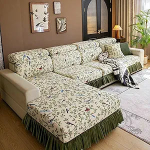 VOGOL Bohemian Leaf Sectional Sofa Cover with Ruffled Skirt, Stretch Non Slip L-Shaped Couch Slipcover, Washable Protector for Leather Sofa (Sold Individually, 37" x 63")