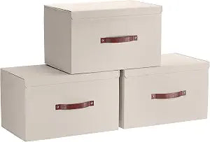 Ornavo Home 3 Pack Collapsible Storage Bins with Lid, 15x10x9, Beige