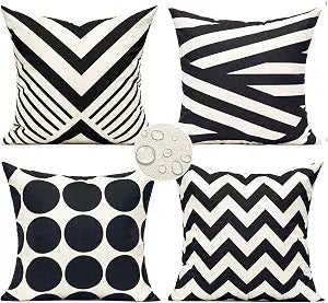 All Smiles Outdoor Waterproof Throw Pillow Covers 18X18 Set of 4,Black Beige Decorative Cushion Covers Boho Decorations Outside for Patio Furniture Porch Seat Chair Couch Sofa Living Room Geometric