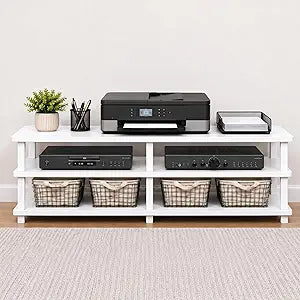 Furinno Turn-S-Tube Toolless Assembly 3-Tier TV Stand, Entertainment Center for TV up to 55 Inch, Wide Printer Stand with Storage Shelf, for Living Room, Bedroom, White