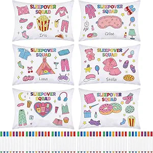 HunnmingRe 6 Set Sleepover Party Supplies for Girls Include 6 Slumber DIY Pillowcase and 48 Marker Pen Pajama Night Party Favors Color Your Own Pillowcase for Women Wedding Baby Shower Birthday Gift