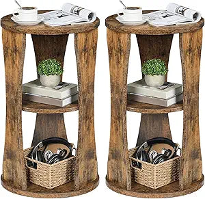YATINEY Round Side Tables Set of 2, 3-Tier Wooden End Table with Storage Shelves, Accent Table for Small Spaces, Nightstand for Living Room, Bedroom, Rustic Brown ET15L2BR