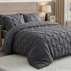 Utopia Bedding 7 Piece Queen Comforter Set Pintuck, Grey, Bed in a Bag, 2 Pillow Shams, Flat & Fitted Sheet, 2 Pillowcases, Machine Washable Comforter Bedding Set, Queen Size Bed Sets, Grey