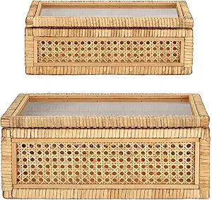 Amyhill Set of 2 Rattan Box Rattan with Glass Lids Decorative Woven Cane Boxes Multipurpose Square Basket for Home Shelf Organizer(15.4 x 9.5 x 7.1 Inch, 12.6 x 6.7 x 4.3 Inch)