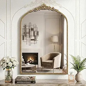 Arched Mirrors for Wall Decor, 24"X36" Antique Gold Mirror with Black Brush Gold Ornate Metal Frame, Vintage Gold Mirror for Mantel, Entryway, Living Room, Hallway,Bathroom