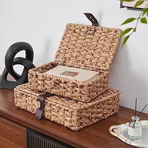 Wicker Storage Basket with Lid, 2-Piece Set Decorative Box with Lid, Water Hyacinth Woven Decorative Box for Shelf, Coffee Table, Console Table, Home Decor