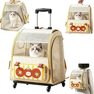 Pet Carrier Trolley Box with Wheels, Travel Trolley Pets Bag Breathable Cats Backpack with Removable Rolling Wheels for Cats and Small Dogs (Beige)