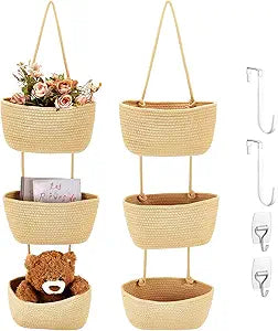 2PCS Hanging Basket 3-Tier Woven Cotton Wall Baskets Over the Door Hanging Basket with 4 Hooks Woven Storage Baskets Behind the Door for Nursery Bedroom Living Room Kitchen