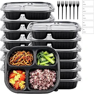 50 Pack Food Containers with Lids and with Forks, 37oz/1100ml Microwave Safe 4 Compartment Meal Prep Containers, Black Plastic Food Bento Boxes for Take Out, Restaurant