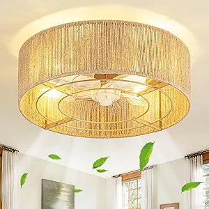 Cage Ceiling Fan with Light,Rattan Ceiling Fan with Light and Remote Control,Enclosed Low Profile Caged Design, 6 Speed Quiet Reversible Motor for Bedroom, Living Room, Porch, Nursery