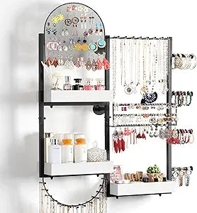 Keebofly Wall Mount Hanging Jewelry Organizer - Large Display Holder for Earrings, Rings, Necklaces, Bracelets, Watches and Perfume - White